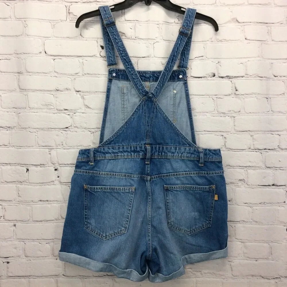 Bershka Denim Bib Shortalls Women's Size L Blue Distressed Cuffed Boho Festival